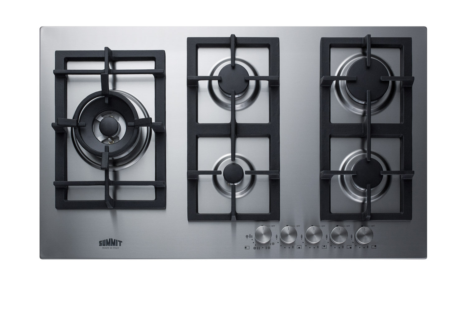5-burner LP gas cooktop made in Italy with sealed burners, multiple heating outputs, a 304 grade stainless steel surface, and continuous cast iron grates